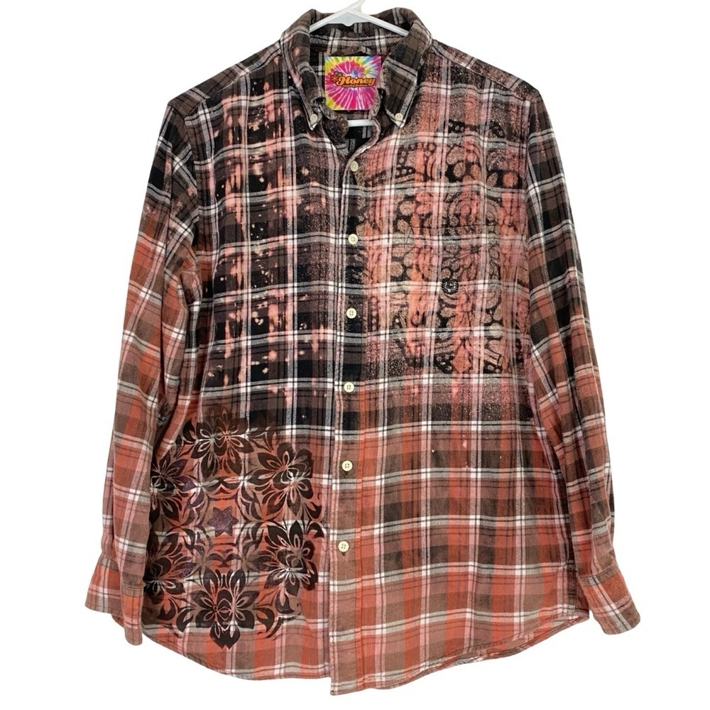 Handmade Floral Flannel Shirt Mens Size Medium Unisex Bleached Plaid Button Down